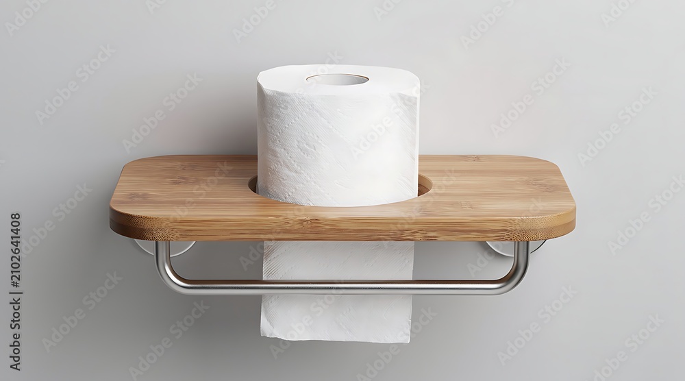 Obraz premium Modern wooden toilet paper holder with roll on gray background.