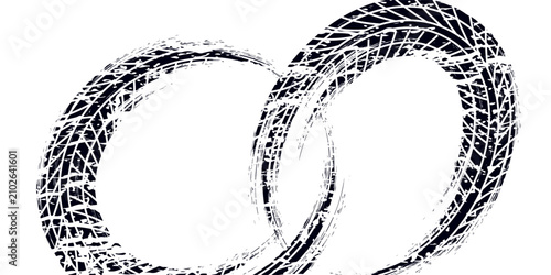 Black tire marks on road, Black rubber tire marks and tread marks, Tire trace track wheels texture and background, Auto tire tread grunge, Car wheel tyre tread track black tyre print, Top view.