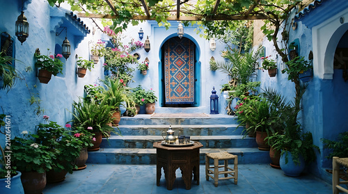 Stunning blue terrace courtyard with lush potted plants and tea set in chefchaouen.
