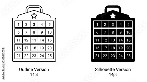 Konstfotografi Calendar Icon Set: Two stylized calendar icons, one outlined and one in silhouette, display numbers from 1 to 25, representing days or dates