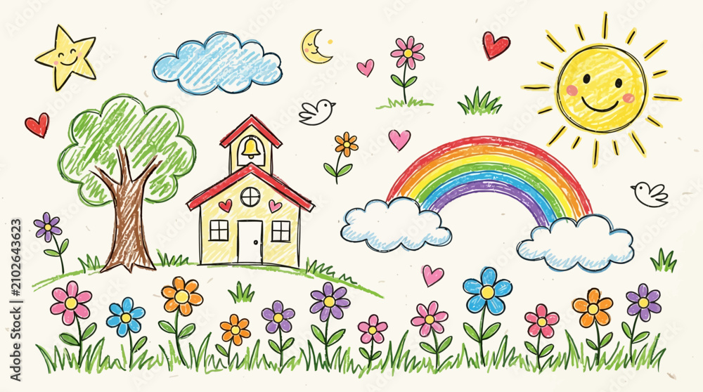 Naklejka premium A colorful drawing of a school surrounded by flowers and a rainbow