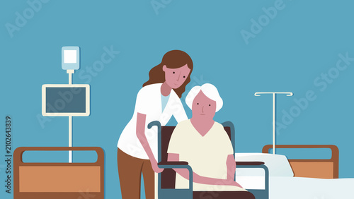 Nurse helping elderly patient in a hospital setting during daytime