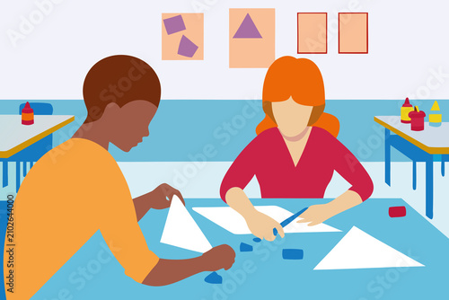 Creative work from home activity with a Black boy and a White girl doing projects at a table in a colorful room