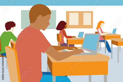 Students working from home in a classroom setting with diverse ethnic backgrounds during the day