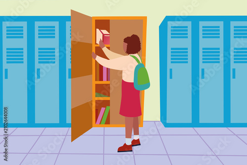 Work from home setup by a Black child organizing books in a school locker during the day in a bright classroom