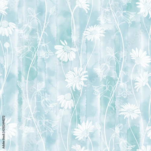 Bluebells and chamomile on blue watercolor background. Abstract floral seamless pattern. Vector illustration. Perfect for design templates, wallpaper, wrapping, fabric, print and textile.