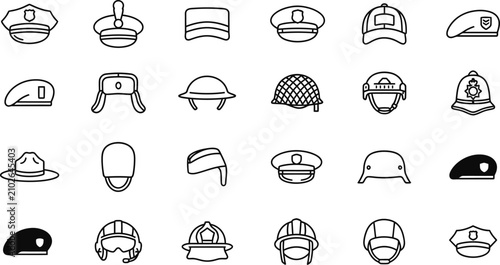 Schilderij op canvas Collection of various military and police headwear flat icons on a white backgro