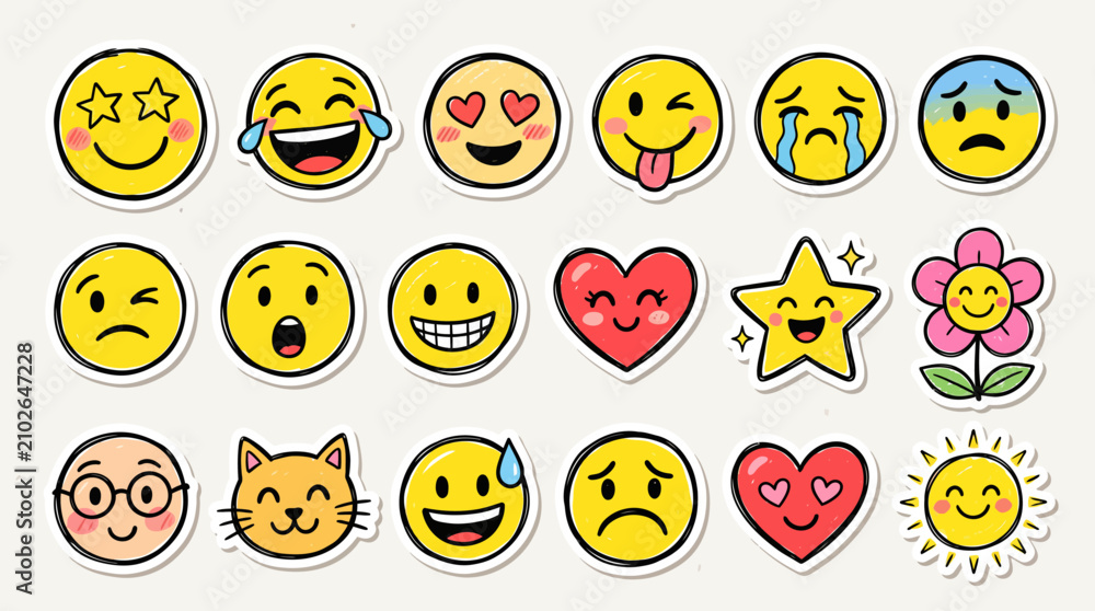 Fototapeta premium A colorful collection of various cartoon emojis and emoticons on a white background