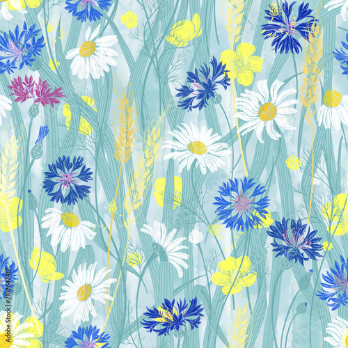 Chamomile, cornflowers, buttercup, clover, grass and wheat ears on blue watercolor. Stylish floral seamless pattern. Vector. Perfect for design templates, wallpaper, wrapping, fabric, print and textil
