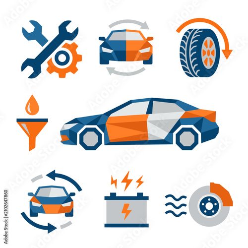 Set of modern flat design icons for car maintenance and repair services