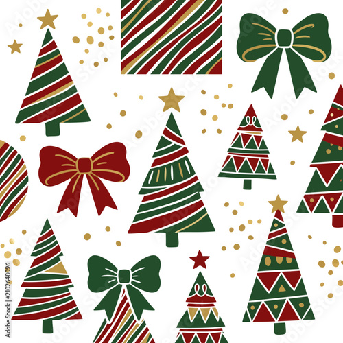 Festive holiday pattern with Christmas trees and bows