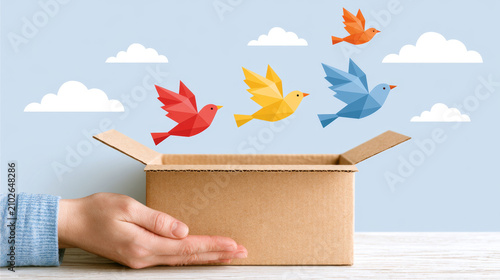 Surreal creative investigation with colorful birds flying from box symbolizing business evidence and freedom in conceptual scene with clouds and hand holding box