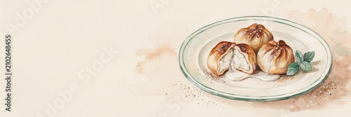 A national dish of Georgian cuisine. 
Traditional khinkali. Banner with space for text.