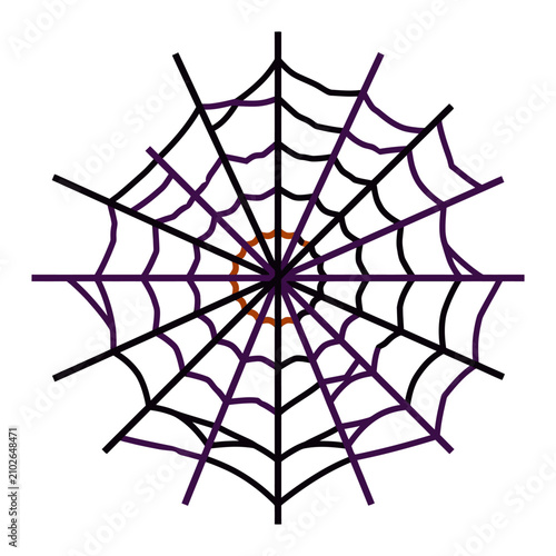 A detailed purple and black spider web design with an orange center on a white