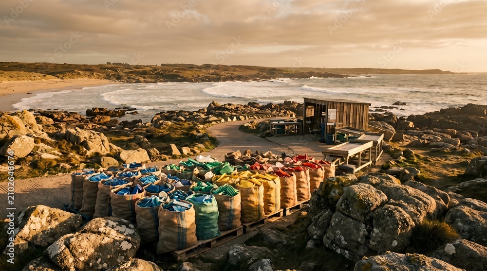 Obraz premium Colorful recycling bags collected on a rocky coastline during sunset.
