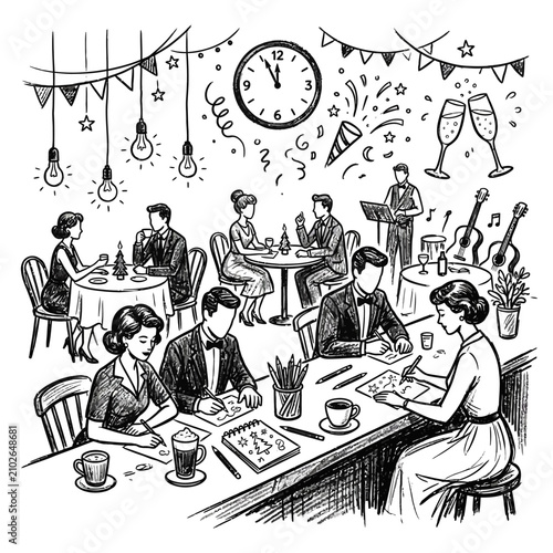 People at a lively New Year Eve party in a retro diner