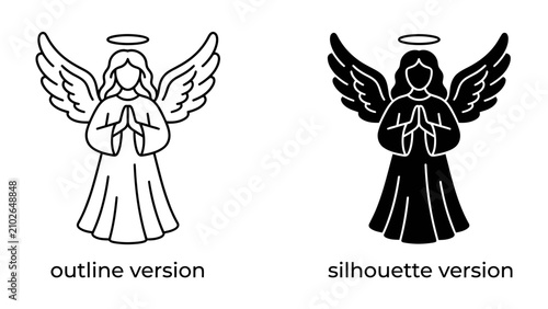 Vászonkép Angelic Duo: A set of two angelic figures, one an outline and the other a silhouette, both with wings spread and hands clasped in prayer, symbolizing peace and spirituality