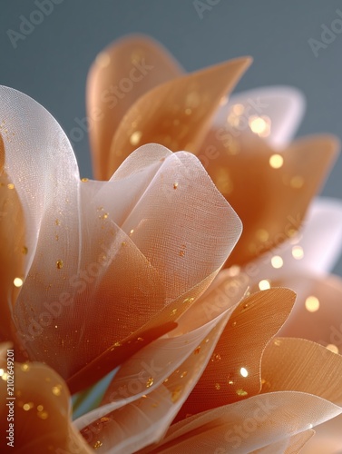 Abstract flower composition showing delicate layers of sheer fabric in warm colors with shimmering gold flecks, creating an elegant and ethereal visual pattern
