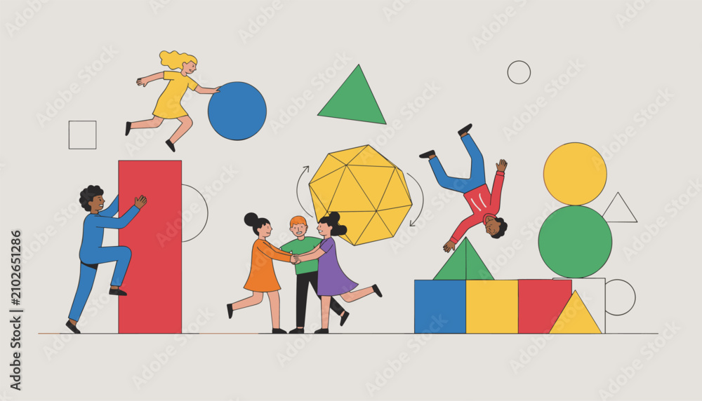 Naklejka premium Group of active children playing, climbing, and dancing among large colorful 3D geometric blocks and shapes.