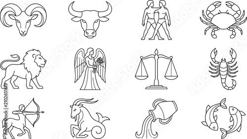 Foto Astrological zodiac signs outline vector icon set for horoscope and astrology gr