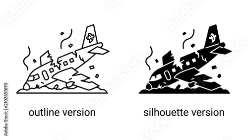 Airplane Crash: Outline and Silhouette Versions. A stark depiction of a crashed airplane, presented in both an outline and a silhouette format, symbolizing disaster and aviation accidents.