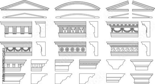 Obraz na płótnie Classical architectural elements, pediments, cornices, and moldings outline vect