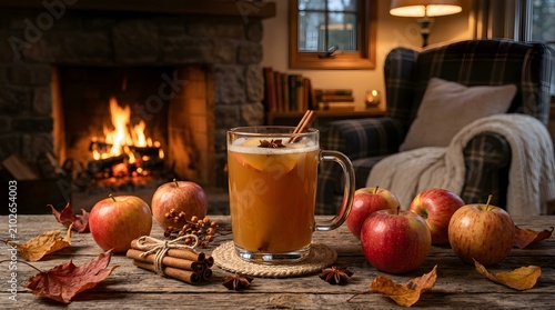 Cozy autumn scene with hot apple cider fireplace and apples for a warm seasonal vibe