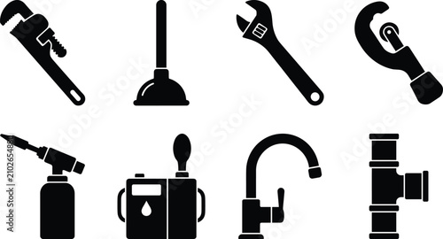 Bild auf Leinwand Plumbing Tools Icons Set with Wrench Plunger Faucet and Pipe Black Silhouette Ve