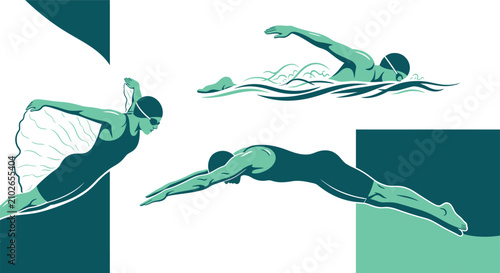 Professional swimmers vector illustration set. Male and female athletes diving, swimming freestyle crawl, and butterfly stroke. Olympic water sports, swimming pool race graphic element layout.