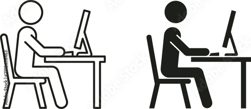 Konstfotografi Employee sitting at office desk working on computer stick figure outline and sol