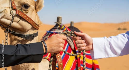 Camel interaction in desert environment with hands exchanging traditional colorful fabric on camel's harness. Camel bonding experience highlighted by cultural attire,