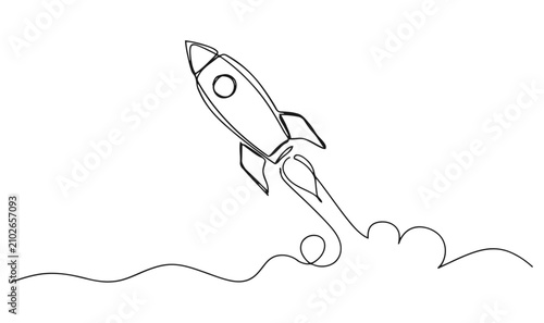 Canvas Print Continuous line art of a space rocket launching into the sky with spaceship, min