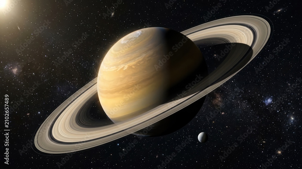 Naklejka premium Saturn and its Moon in Cosmic Splendor: A majestic view of Saturn, showcasing its iconic rings and swirling atmosphere, accompanied by a small moon, set against the vast expanse of the starry cosmos.