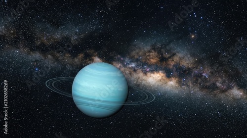 Uranus with Rings in the Milky Way: A stunning representation of the planet Uranus, adorned with its distinct rings, set against the breathtaking backdrop of the star-filled Milky Way galaxy.