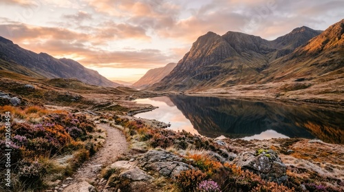 Scottish Highlands Vista: A breathtaking panorama unfolds across the Scottish Highlands, featuring rugged mountain ranges reflecting in a tranquil loch.
