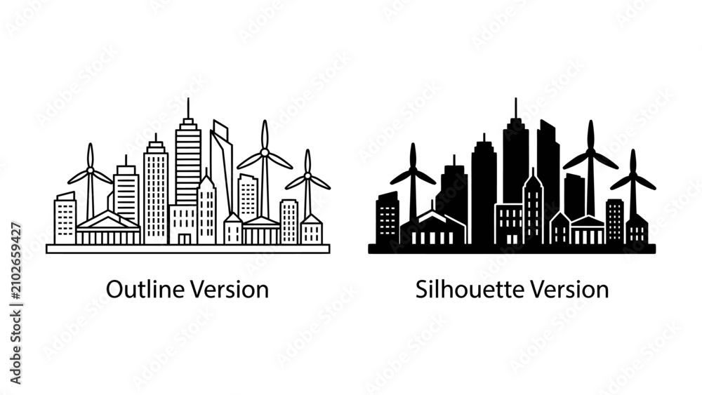 Fototapeta premium Sustainable Cityscape: Two contrasting depictions of a city skyline, one as an outline and the other as a silhouette.