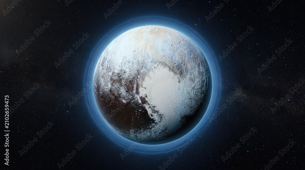 Fototapeta premium Pluto's Icy Expanse: A breathtaking view of Pluto, showcasing its rugged, icy terrain and unique atmosphere, a celestial body of wonder and exploration in the vastness of space.