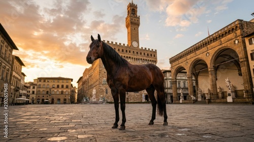 Majestic Horse Stands Proudly in Historic Piazza at Sunrise 2.