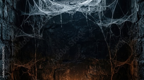 Halloween dark and spooky cave with webs, halloween