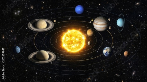 Solar System Orbit: An artistic rendition of the solar system, showcasing the Sun at its center with planets orbiting in their respective paths against a backdrop of stars and nebulae.