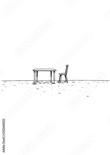 Empty table and chair in minimalistic style, monochrome background, solitude concept