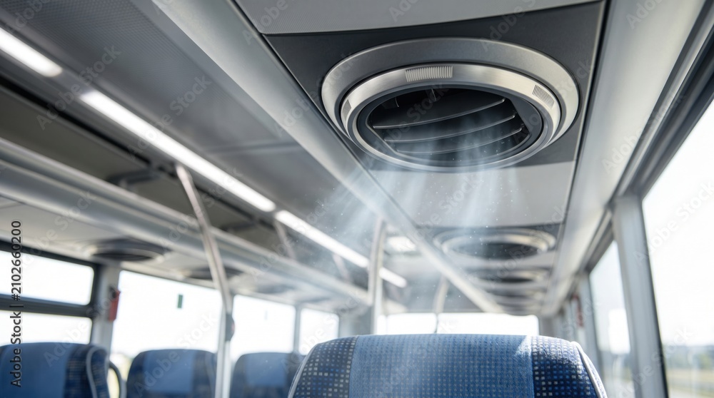 Obraz premium Cool air blowing from ceiling vents inside a modern bus on a hot summer day. Public transportation air conditioning, passenger comfort, ventilation, climate control and travel concept