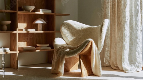 Modern living room with a wooden bookshelf on the left side and a white armchair on the right side.