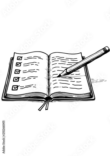 Open notebook with checklist and pen on white background