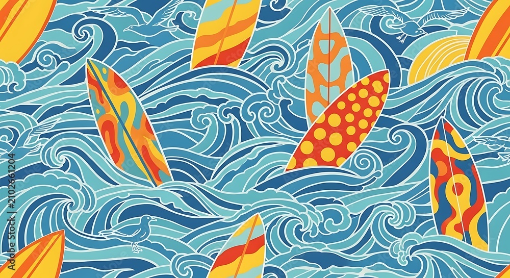 Fototapeta premium Colorful Surfboards Riding Ocean Waves.