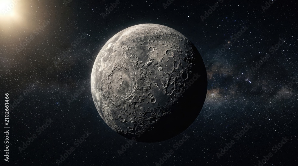 Obraz premium Celestial Sphere: A detailed view of Mercury, the closest planet to the sun, showcases its cratered surface against the vast backdrop of stars and a distant, glowing sun.