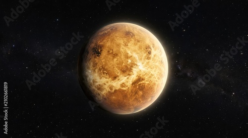 The Golden Haze of Venus: A detailed view of the planet Venus, its surface covered in swirling clouds of yellow and orange, set against the deep black expanse of outer space.