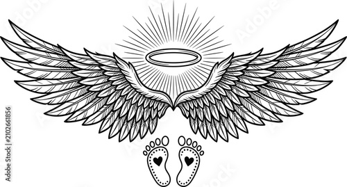 Εκτύπωση καμβά Memorial baby angel wings with halo sunburst and tiny infant footprints containi