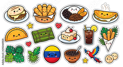 Cute Venezuelan Food Sticker Pack – Arepas, Tequeños and Venezuela Icons Kawaii Flat Illustration Set