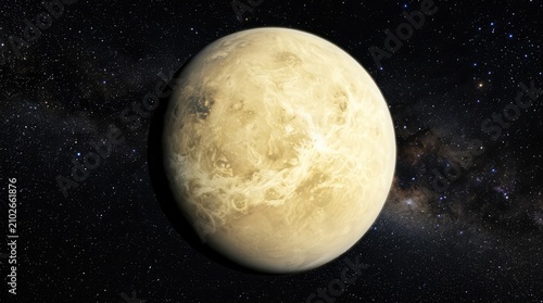 Venus: The cloudy, yellowish-green planet Venus hangs in the darkness of space, illuminated by an unseen light source. Stars and a faint galaxy streak across the background.